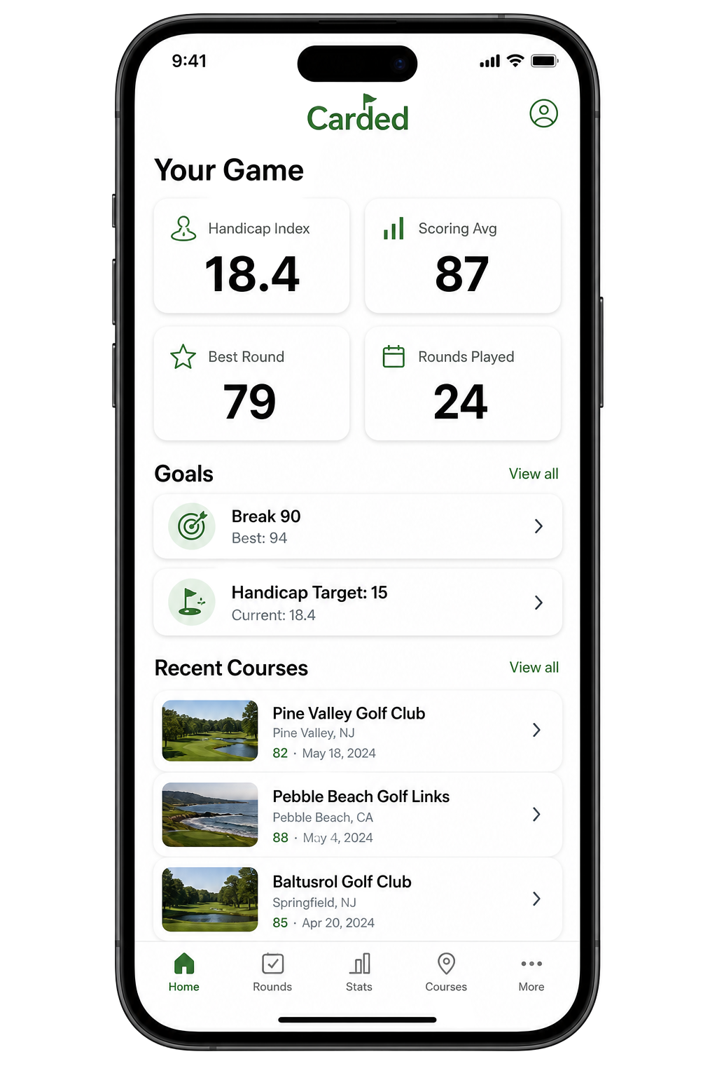 Carded app dashboard showing handicap, scoring average, goals and recent courses